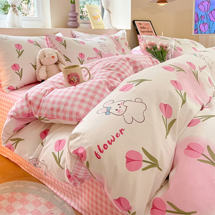 91家纺网 家纺一手货源 找家纺 沐棉 2023新款全棉13372小清新印花四件套 花园小兔