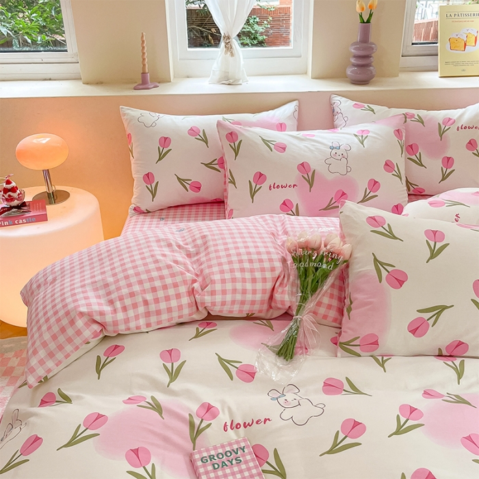 91家纺网 家纺一手货源 找家纺 沐棉 2023新款全棉13372小清新印花四件套 花园小兔