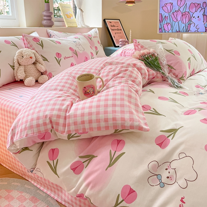 91家纺网 家纺一手货源 找家纺 沐棉 2023新款全棉13372小清新印花四件套 花园小兔