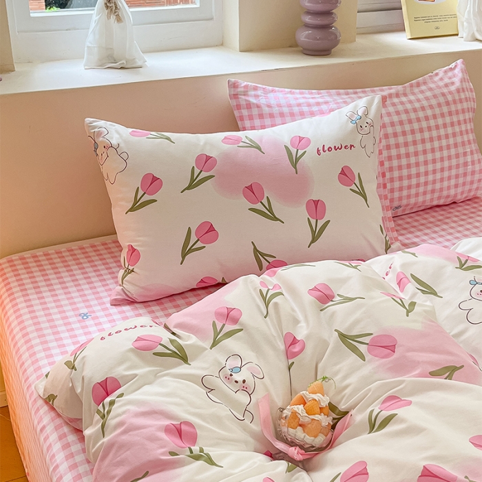 91家纺网 家纺一手货源 找家纺 沐棉 2023新款全棉13372小清新印花四件套 花园小兔