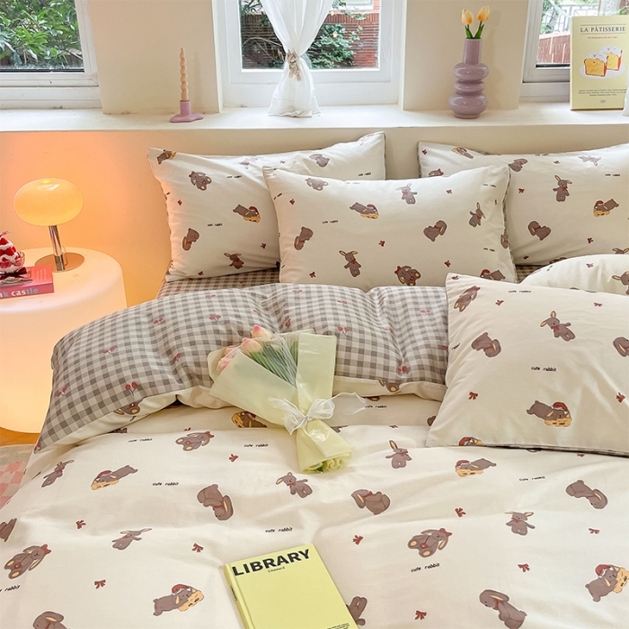 91家纺网 家纺一手货源 找家纺 沐棉 2023新款全棉13372小清新印花四件套 欢乐兔