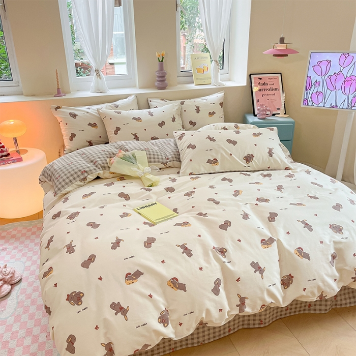 91家纺网 家纺一手货源 找家纺 沐棉 2023新款全棉13372小清新印花四件套 欢乐兔