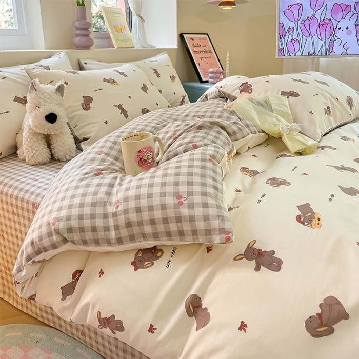 91家纺网 家纺一手货源 找家纺 沐棉 2023新款全棉13372小清新印花四件套 欢乐兔