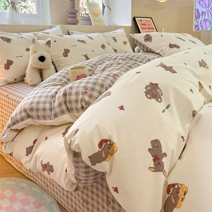 91家纺网 家纺一手货源 找家纺 沐棉 2023新款全棉13372小清新印花四件套 欢乐兔