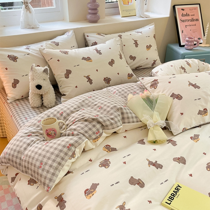 91家纺网 家纺一手货源 找家纺 沐棉 2023新款全棉13372小清新印花四件套 欢乐兔