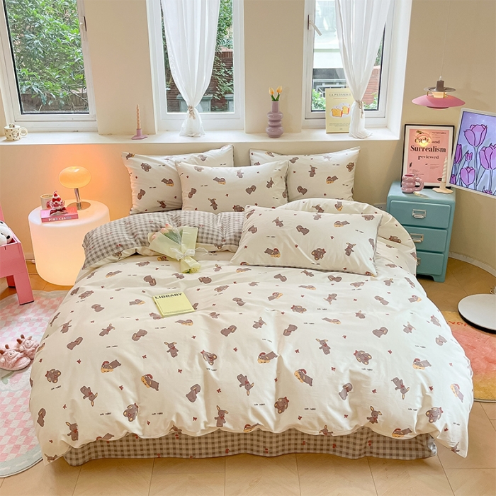 91家纺网 家纺一手货源 找家纺 沐棉 2023新款全棉13372小清新印花四件套 欢乐兔