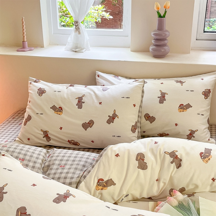 91家纺网 家纺一手货源 找家纺 沐棉 2023新款全棉13372小清新印花四件套 欢乐兔