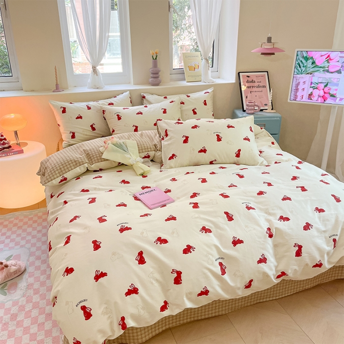 91家纺网 家纺一手货源 找家纺 沐棉 2023新款全棉13372小清新印花四件套 小红兔