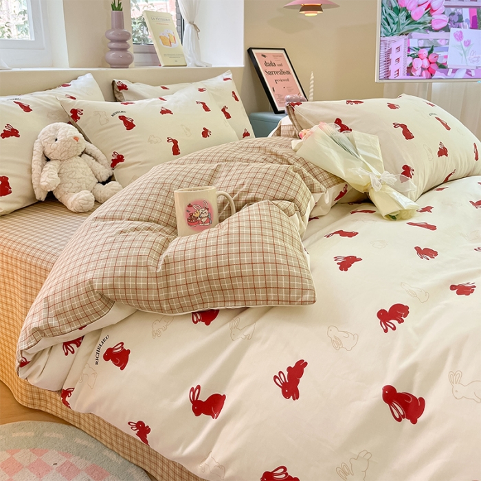 91家纺网 家纺一手货源 找家纺 沐棉 2023新款全棉13372小清新印花四件套 小红兔