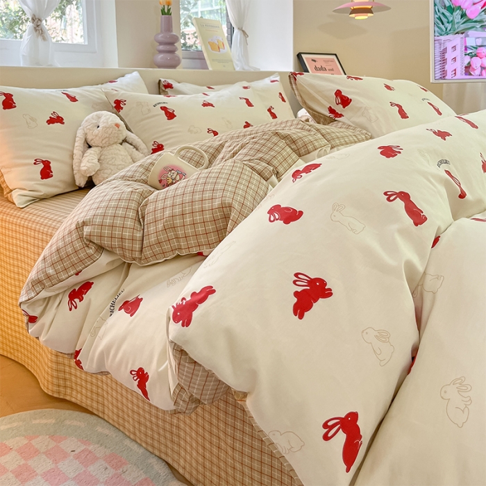 91家纺网 家纺一手货源 找家纺 沐棉 2023新款全棉13372小清新印花四件套 小红兔