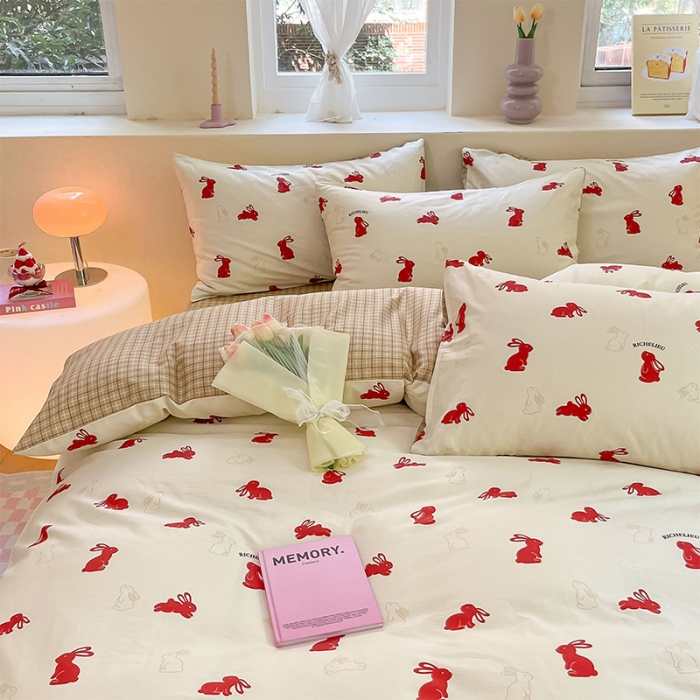 91家纺网 家纺一手货源 找家纺 沐棉 2023新款全棉13372小清新印花四件套 小红兔