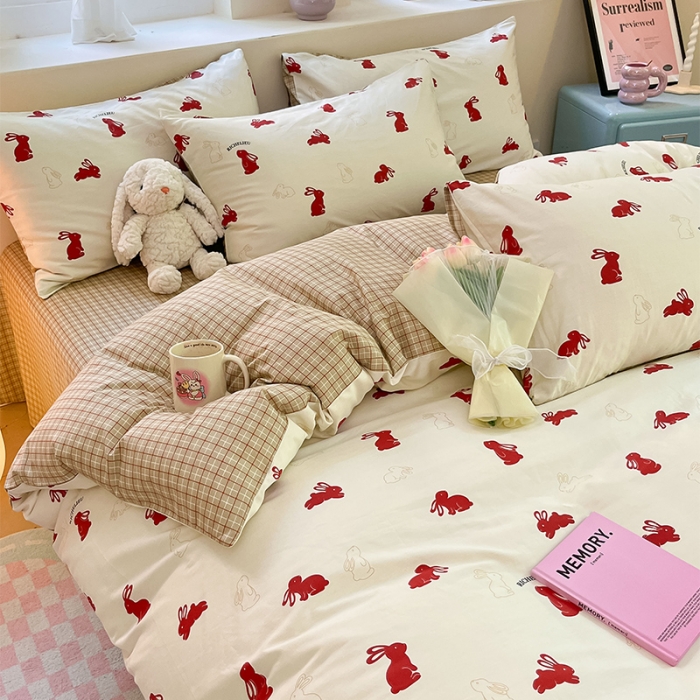 91家纺网 家纺一手货源 找家纺 沐棉 2023新款全棉13372小清新印花四件套 小红兔