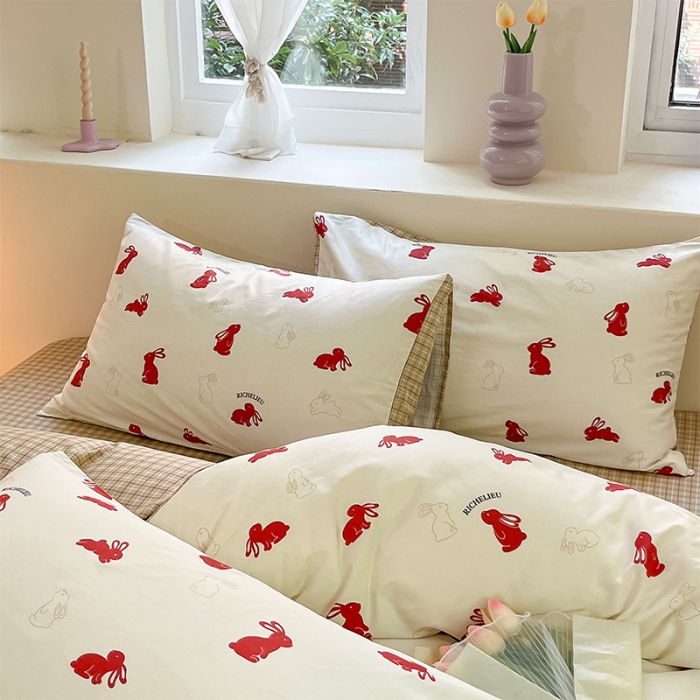 91家纺网 家纺一手货源 找家纺 沐棉 2023新款全棉13372小清新印花四件套 小红兔