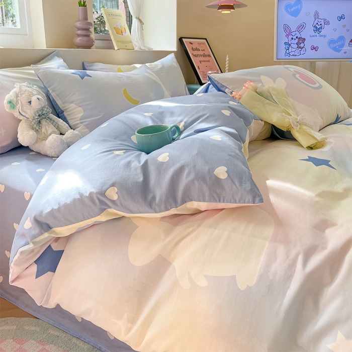 91家纺网 家纺一手货源 找家纺 沐棉 2023新款全棉13372小清新印花四件套 心愿小兔