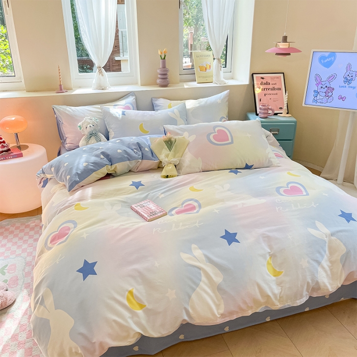 91家纺网 家纺一手货源 找家纺 沐棉 2023新款全棉13372小清新印花四件套 心愿小兔