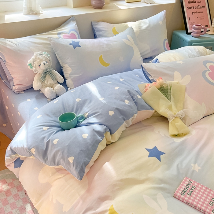 91家纺网 家纺一手货源 找家纺 沐棉 2023新款全棉13372小清新印花四件套 心愿小兔