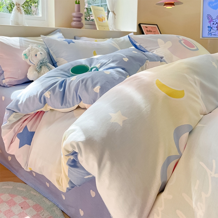 91家纺网 家纺一手货源 找家纺 沐棉 2023新款全棉13372小清新印花四件套 心愿小兔