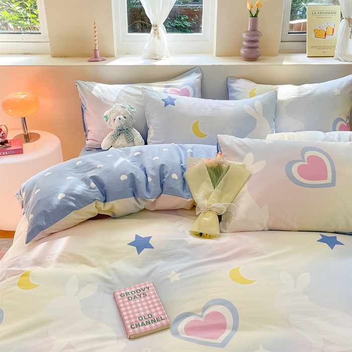 91家纺网 家纺一手货源 找家纺 沐棉 2023新款全棉13372小清新印花四件套 心愿小兔