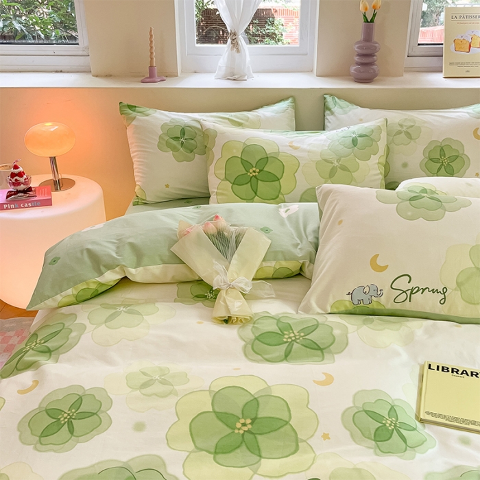 91家纺网 家纺一手货源 找家纺 沐棉 2023新款全棉13372小清新印花四件套 幸运草