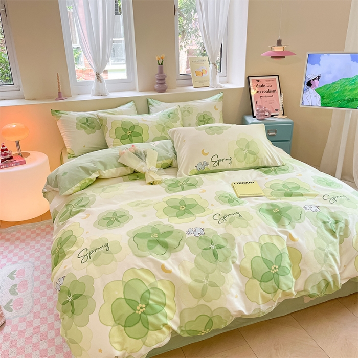 91家纺网 家纺一手货源 找家纺 沐棉 2023新款全棉13372小清新印花四件套 幸运草