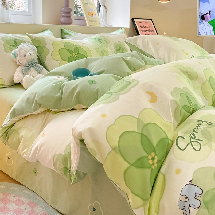 91家纺网 家纺一手货源 找家纺 沐棉 2023新款全棉13372小清新印花四件套 幸运草