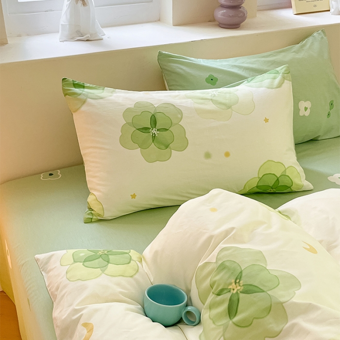 91家纺网 家纺一手货源 找家纺 沐棉 2023新款全棉13372小清新印花四件套 幸运草