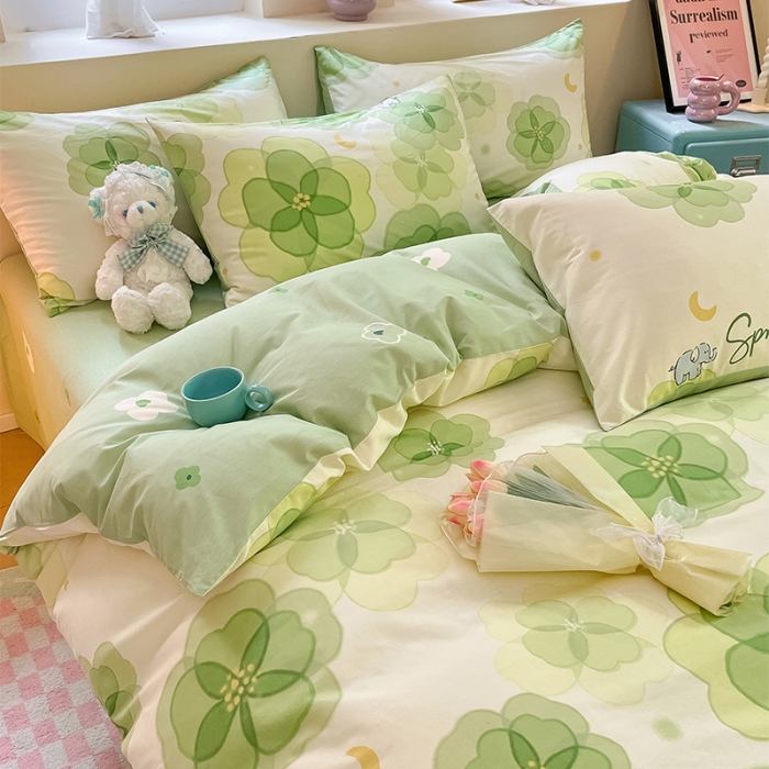 91家纺网 家纺一手货源 找家纺 沐棉 2023新款全棉13372小清新印花四件套 幸运草