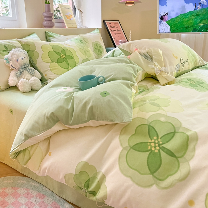 91家纺网 家纺一手货源 找家纺 沐棉 2023新款全棉13372小清新印花四件套 幸运草