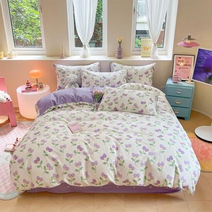 沐棉 2023新款全棉13372小清新印花四件套 紫爱