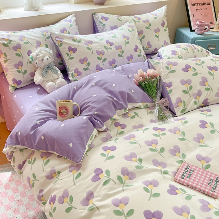 91家纺网 家纺一手货源 找家纺 沐棉 2023新款全棉13372小清新印花四件套 紫爱