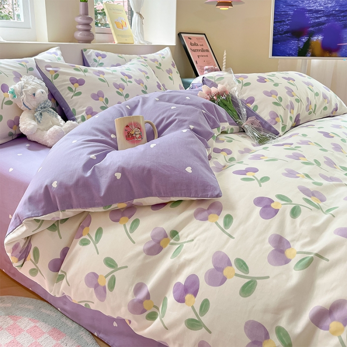 91家纺网 家纺一手货源 找家纺 沐棉 2023新款全棉13372小清新印花四件套 紫爱