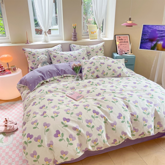 91家纺网 家纺一手货源 找家纺 沐棉 2023新款全棉13372小清新印花四件套 紫爱