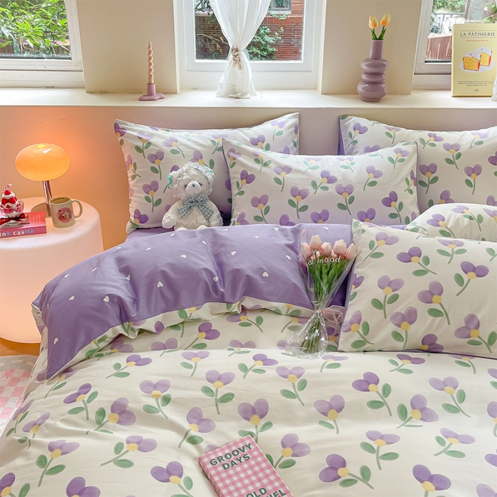 91家纺网 家纺一手货源 找家纺 沐棉 2023新款全棉13372小清新印花四件套 紫爱