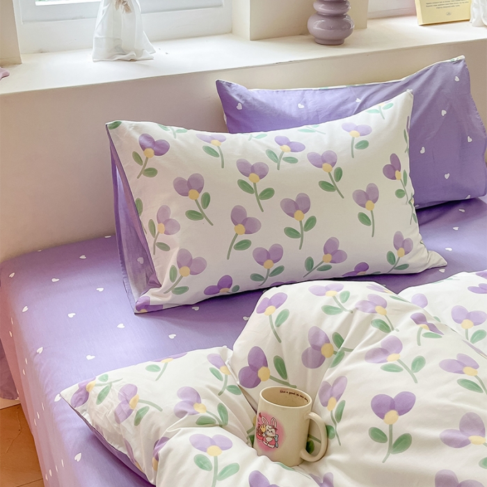 91家纺网 家纺一手货源 找家纺 沐棉 2023新款全棉13372小清新印花四件套 紫爱