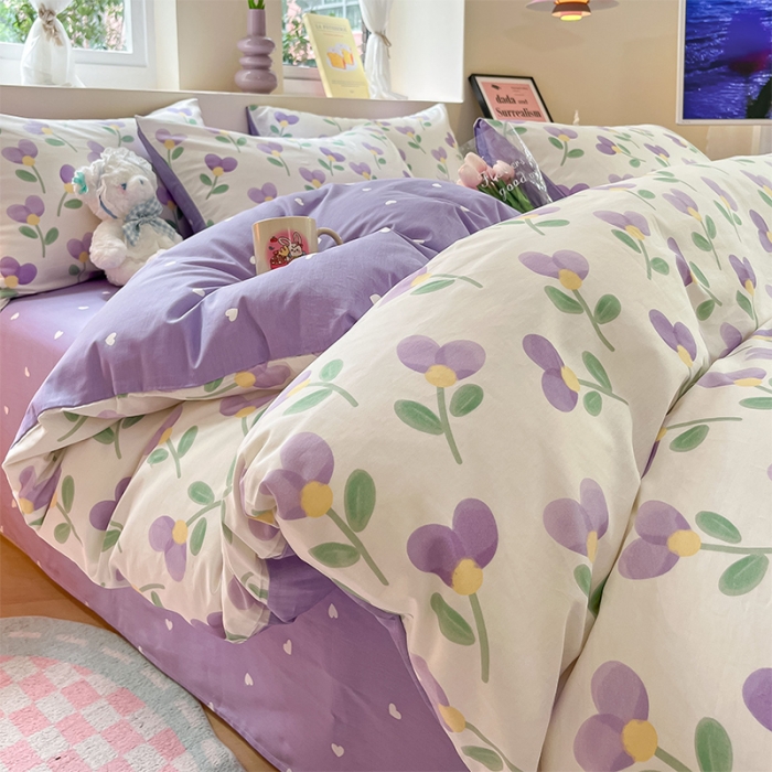 91家纺网 家纺一手货源 找家纺 沐棉 2023新款全棉13372小清新印花四件套 紫爱