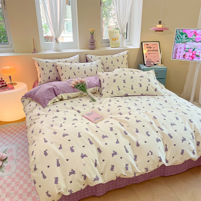 91家纺网 家纺一手货源 找家纺 沐棉 2023新款全棉13372小清新印花四件套 紫色小兔