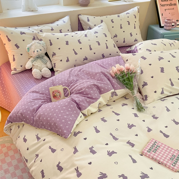 91家纺网 家纺一手货源 找家纺 沐棉 2023新款全棉13372小清新印花四件套 紫色小兔