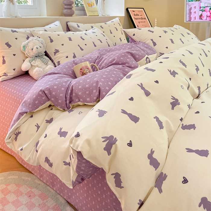 91家纺网 家纺一手货源 找家纺 沐棉 2023新款全棉13372小清新印花四件套 紫色小兔