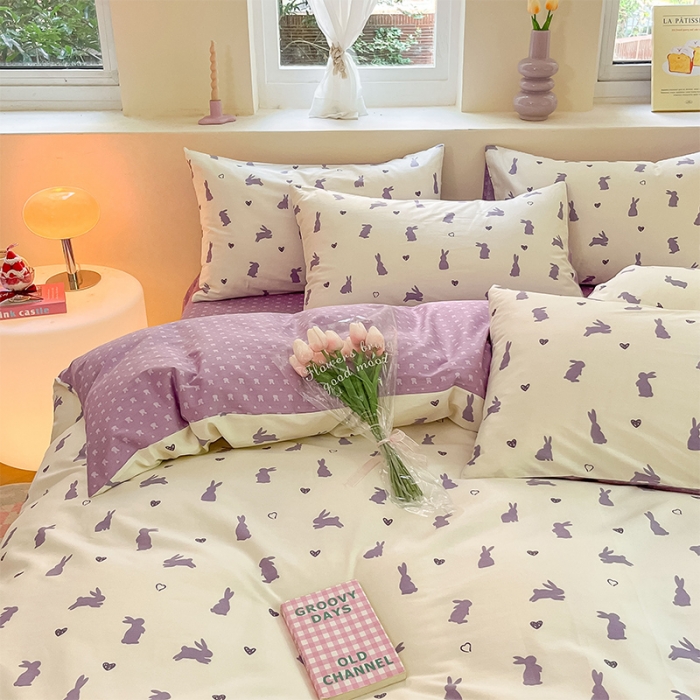 91家纺网 家纺一手货源 找家纺 沐棉 2023新款全棉13372小清新印花四件套 紫色小兔