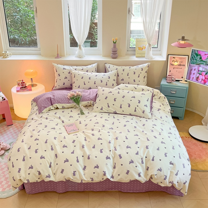 91家纺网 家纺一手货源 找家纺 沐棉 2023新款全棉13372小清新印花四件套 紫色小兔