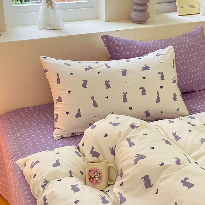 91家纺网 家纺一手货源 找家纺 沐棉 2023新款全棉13372小清新印花四件套 紫色小兔