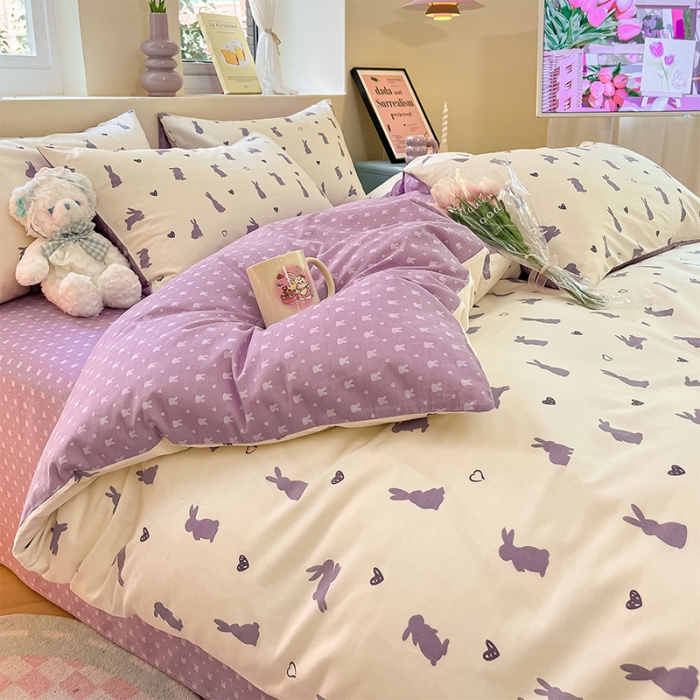 91家纺网 家纺一手货源 找家纺 沐棉 2023新款全棉13372小清新印花四件套 紫色小兔