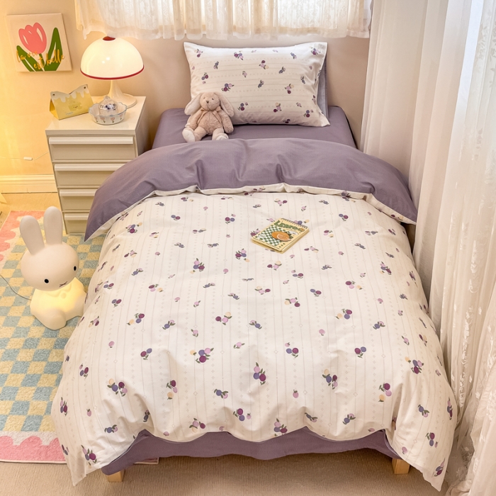 91家纺网 家纺一手货源 找家纺 简宜13070纯棉全棉40支斜纹卡通小清新学生床三件套四件套 紫葡仙子
