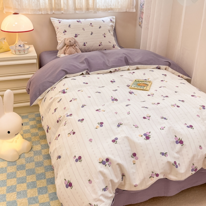 91家纺网 家纺一手货源 找家纺 简宜13070纯棉全棉40支斜纹卡通小清新学生床三件套四件套 紫葡仙子