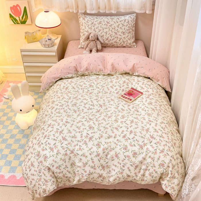 91家纺网 家纺一手货源 找家纺 简宜13070纯棉全棉40支斜纹卡通小清新学生床三件套四件套 倩影粉