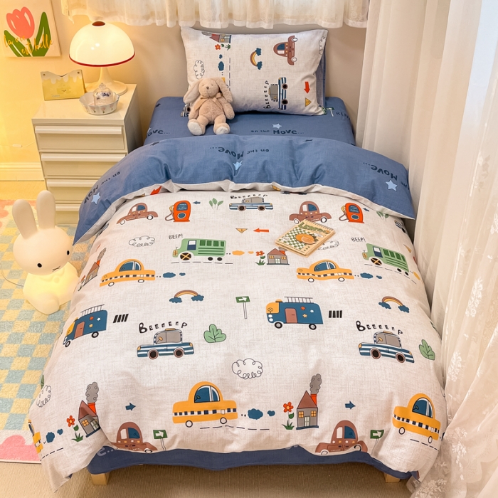 91家纺网 家纺一手货源 找家纺 简宜13070纯棉全棉40支斜纹卡通小清新学生床三件套四件套 嘟嘟小车