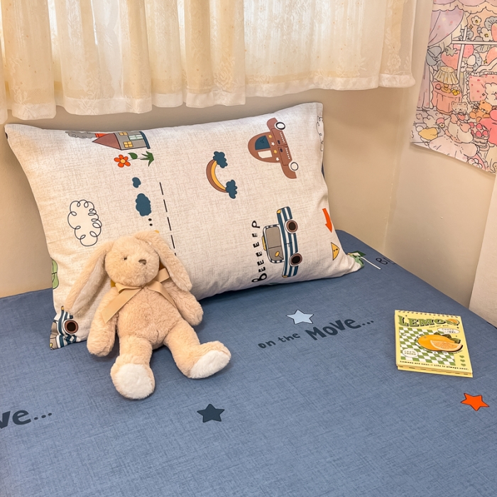 91家纺网 家纺一手货源 找家纺 简宜13070纯棉全棉40支斜纹卡通小清新学生床三件套四件套 嘟嘟小车