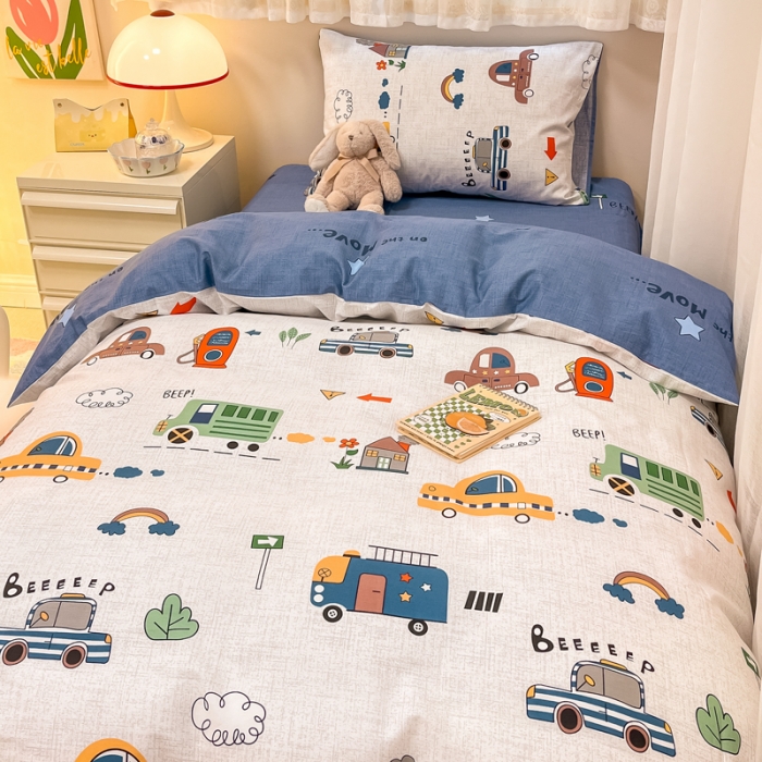 91家纺网 家纺一手货源 找家纺 简宜13070纯棉全棉40支斜纹卡通小清新学生床三件套四件套 嘟嘟小车