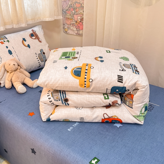 91家纺网 家纺一手货源 找家纺 简宜13070纯棉全棉40支斜纹卡通小清新学生床三件套四件套 嘟嘟小车