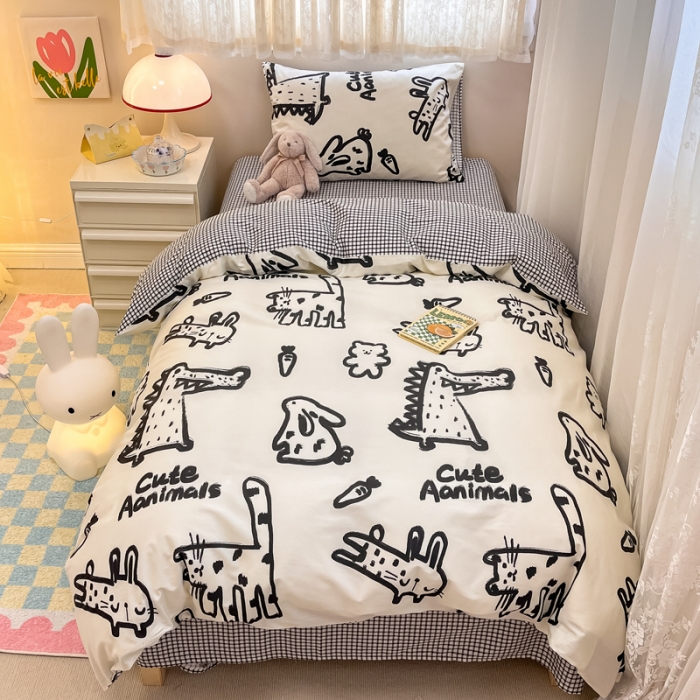 91家纺网 家纺一手货源 找家纺 简宜13070纯棉全棉40支斜纹卡通小清新学生床三件套四件套 简笔画